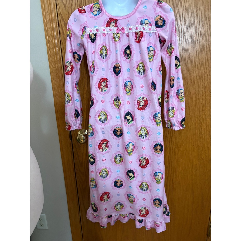 Disney Princess Girls Pink Nightgown Long Sleeve Ariel Rapunzel Mulan Size 10